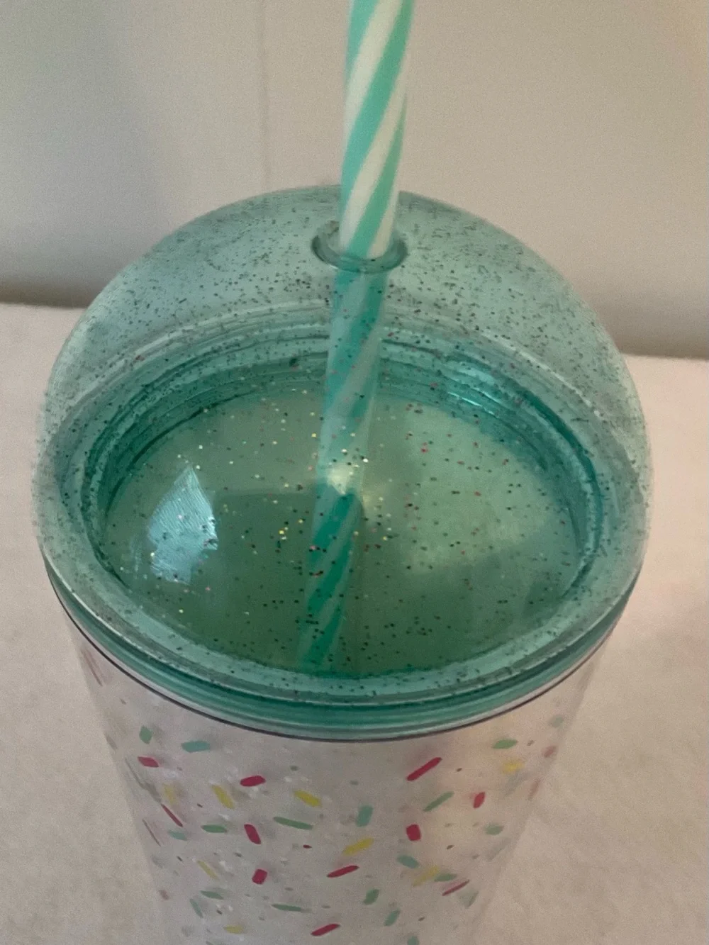 Starbucks White Tumbler with Teal Dome Lid and Sprinkle Design